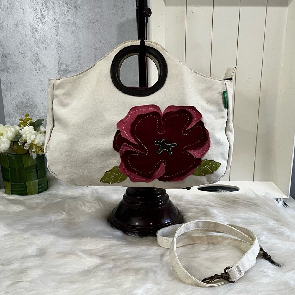 NEW Benetton Classic City Traveler Flower Crossbody Handbag Cotton Suede Leather - Picture 3 of 16